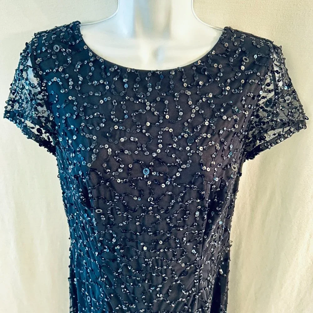 Adrianna Papell Low Back Beaded Sequin Navy Blue Column Gown Size 6 - Picture 3 of 6
